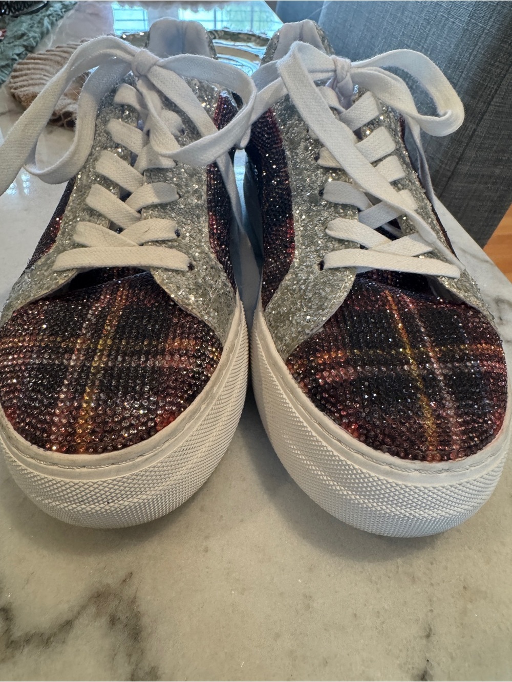 Betsey Johnson Plaid Crystal Accent Sneakers in Silver and Multicolor Plaid